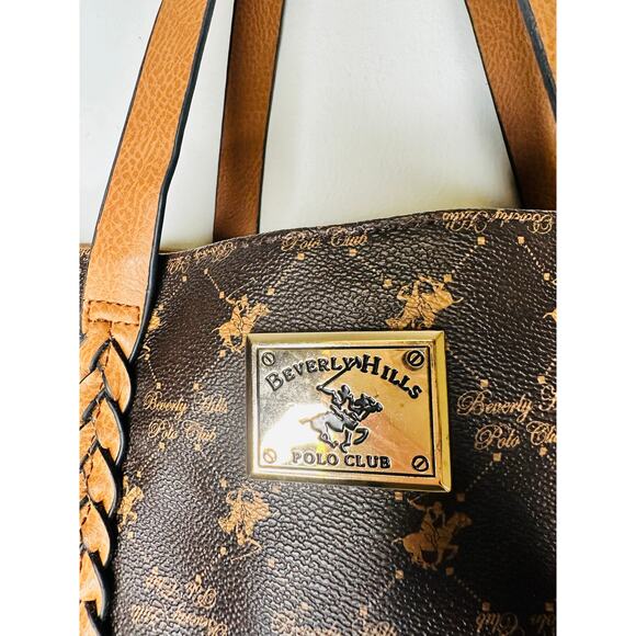 BEVERLY HILLS  POLO CLUB Brown Braided Handle Large Size Tote Handbag - Picture 8 of 14